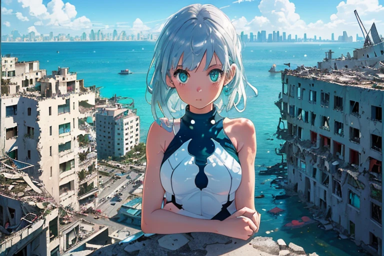 High resolution,high quality,(Perfect body),Submerged City,,blue sea,Blue sky,City in Ruins,Collapsed Building,One Girl,(Matching the size of the building and the girl:1.0),Sitting on top of a building,Silver Hair,Green Eyes,(White swimsuit),bikini,pareo,Brightly colored Pareo,Red Paleo,Flower Pattern Pareo,(upper body:1.8)