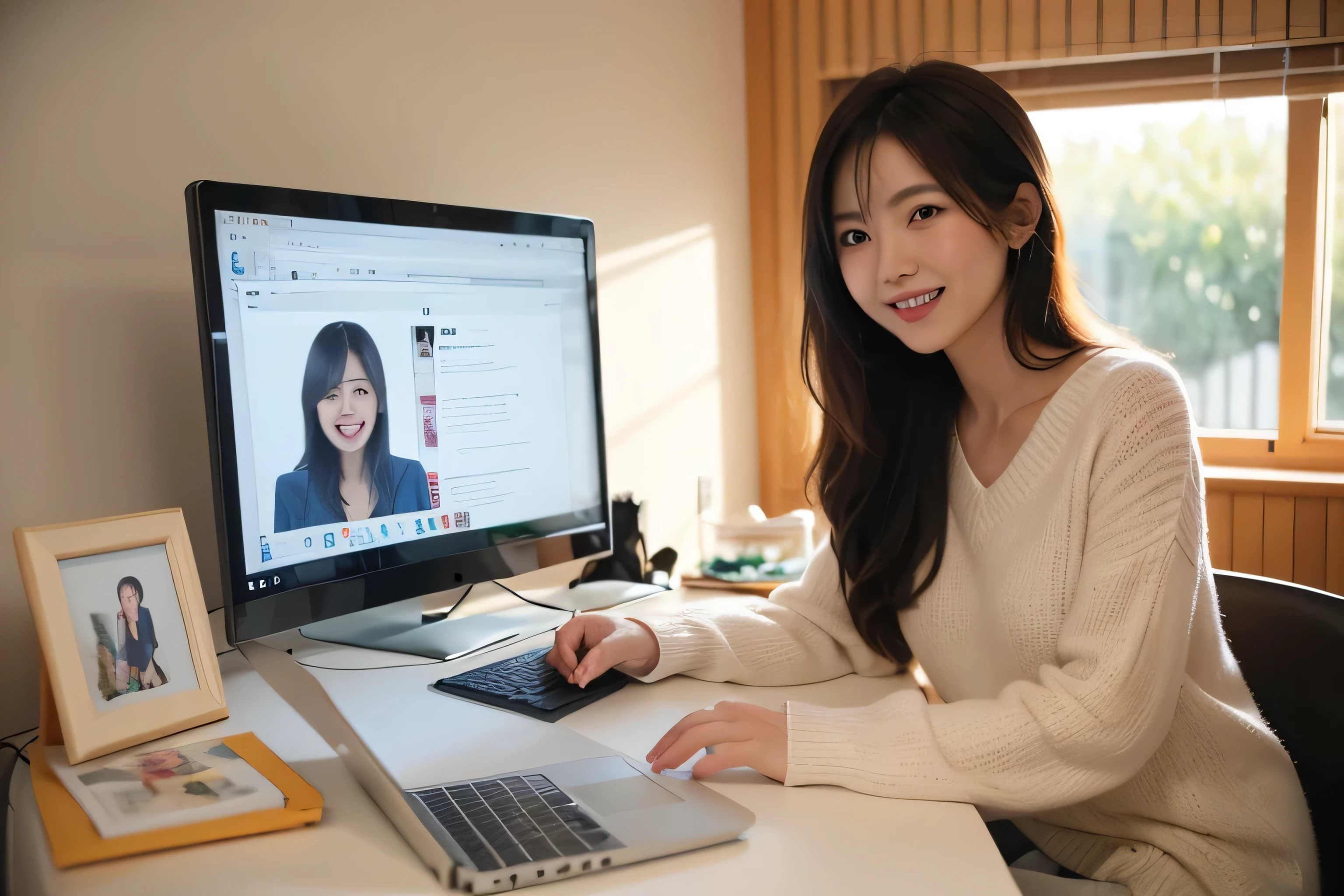 Pretty Lady's Room,Sitting by the window,A woman smiling and streaming at a computer,Smiling and cute Asian woman,I&#39;m watching this through my computer