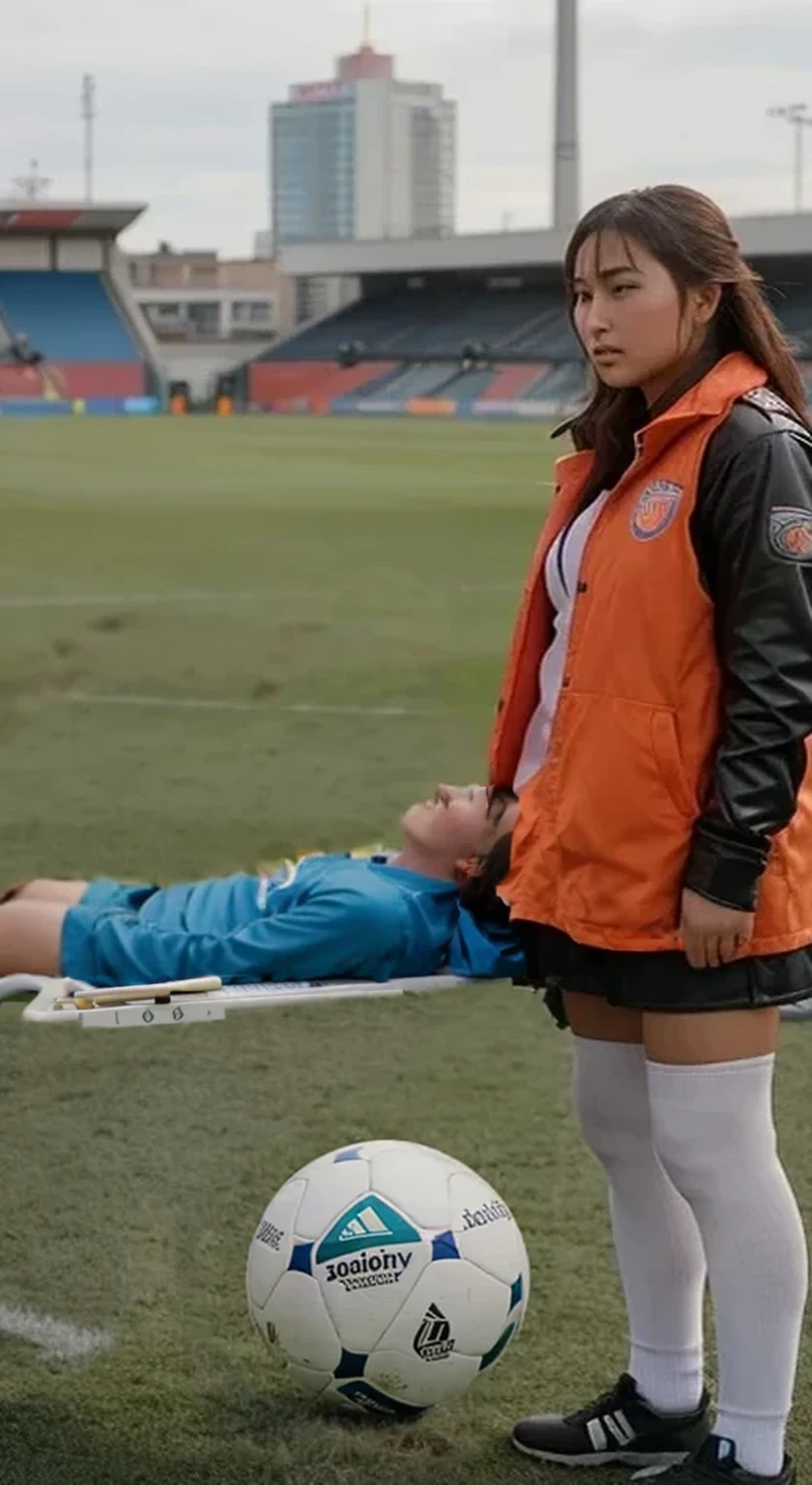 a male soccer player lying injured on a stretcher with his head to the right while being carried to the left by the  the photo