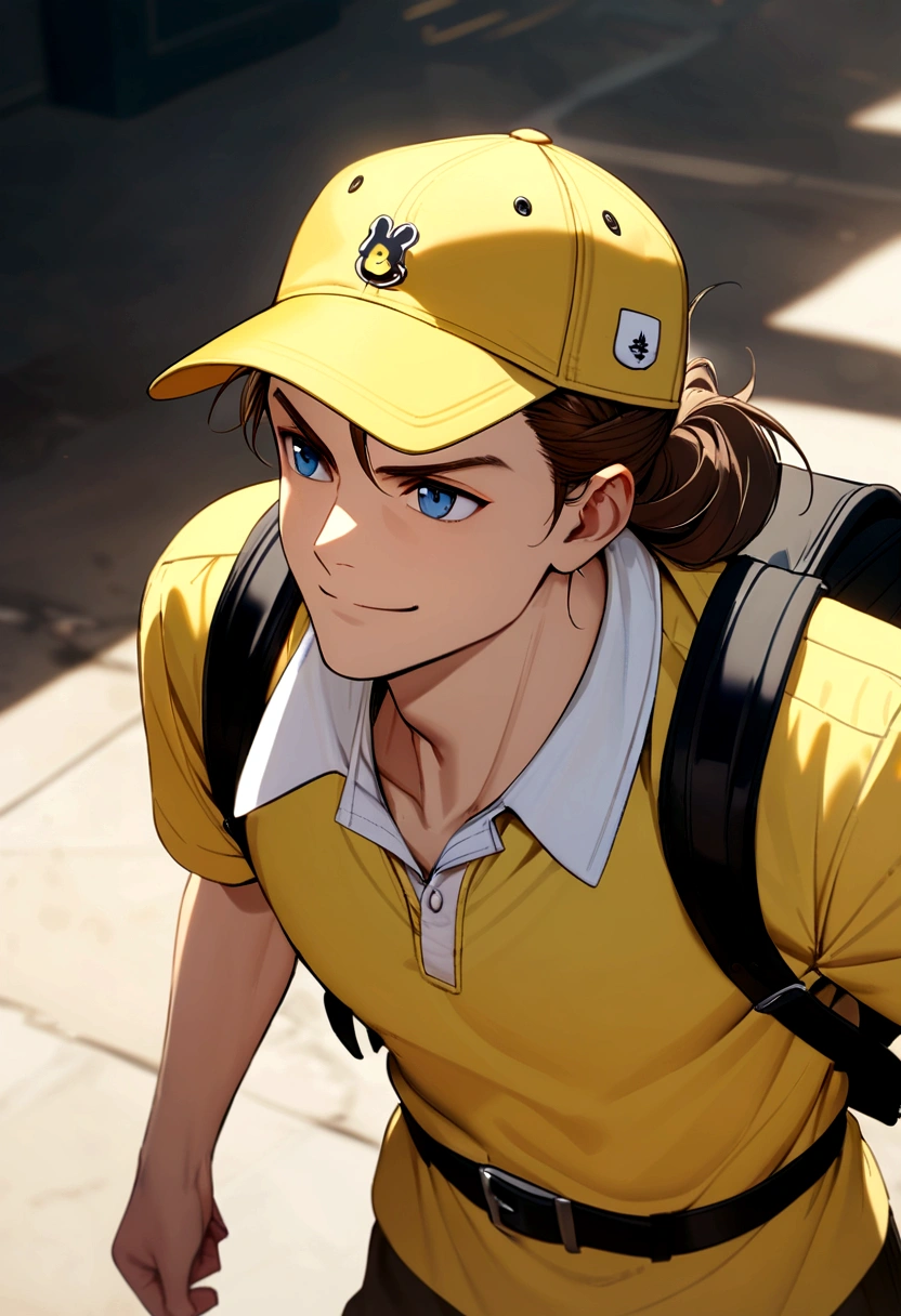male, long brown hair, tied back, blue eyes, smiling, wearing a yellow and white baseball cap, yellow polo shirt, white collar, black belt, black backpack