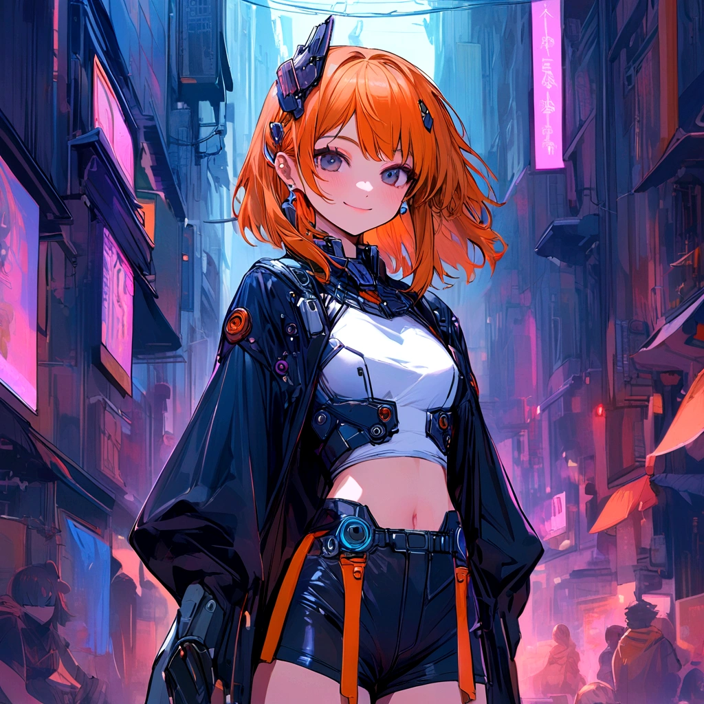 make me a female, , long orange hair, cyber outfit, white top and shorts, she has an ear accessory, she's smiling