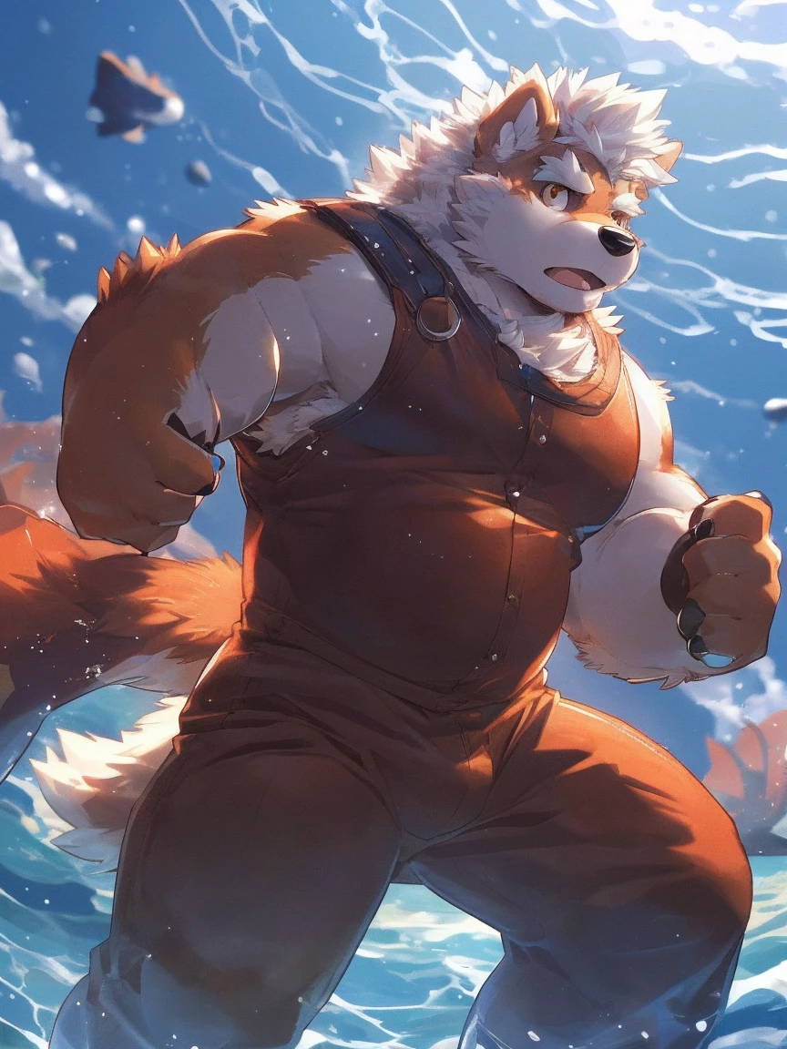 human nature, Wildlife, male,18 years old， solitary, ((Round Face, The face is plump,Orange eyes,Thick white hair，)), ((Endomorph, Handsome，enthusiasm)), （nude，action), ((domestic 犬, Dog Orc，) Fluffy fur, Fluffy), Bokeh, (high quality, high resolution, masterpiece), (Dynamic Lighting, Vibrant colors，Natural fill light), (Revitalize，Disdain，aggressive), Full body picture (close up), cartoon, author：Takemoto Arashi, From zixiong, By Chunni, author：Empty Ghost，（background：Sea，deep sea exploration，Tropical Fish）'