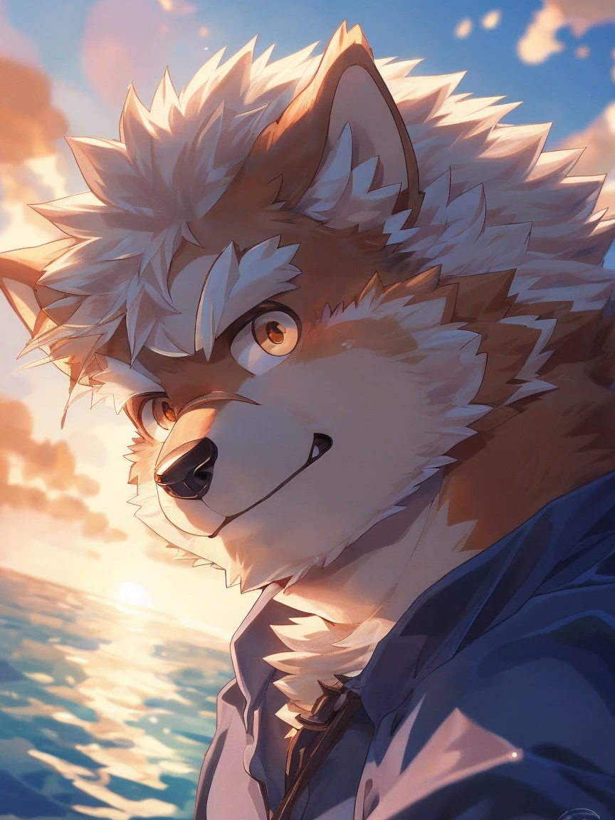 human nature, Wildlife, male,18 years old， solitary, ((Round Face, The face is plump,Orange eyes,Thick white hair，)), ((Endomorph, Handsome，enthusiasm)), （nude，action), ((domestic 犬, Dog Orc，) Fluffy fur, Fluffy), Bokeh, (high quality, high resolution, masterpiece), (Dynamic Lighting, Vibrant colors，Natural fill light), (Revitalize，Disdain，aggressive), Full body picture (close up), cartoon, author：Takemoto Arashi, From zixiong, By Chunni, author：Empty Ghost，（background：Sea，deep sea exploration，Tropical Fish）'