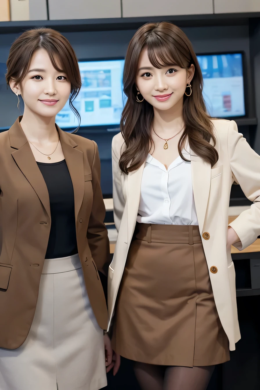 young woman、Two women standing side by side in an office、 Light brown hair、Necklace around the neck、Office Lady Suits、Jacket、Unbuttoned shirt、Knee-length skirt、tights、pumps、（Full body photo）、smile、short hair、Wavy Hair、Intricate details, Very detailed:1.2) 、 Looking into the camera,The background is the office、、Dark eyeliner、ear piercing

