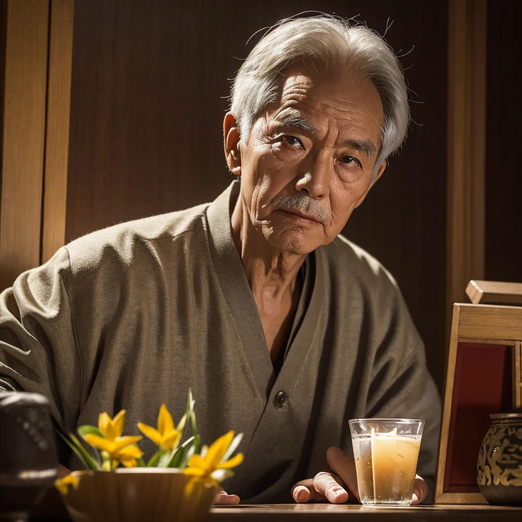 Medium-sized display, Medium shot, Written border depth, Upper Body, angle, masterpiece, angle, (RAW photos, best quality), best quality, Very detailed, CG, 8k wallpaper, Vicissitudes, Older male protagonist,Chinese elderly,80 years old,male,Solitary, Look directly at the audience, front