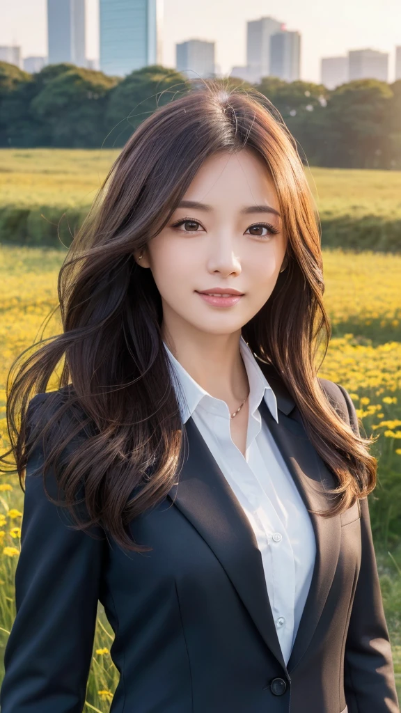 highest quality、genuine、Super detailed、finely、High resolution、8k wallpaper、one beautiful woman、、、light brown disheveled hair、wearing a business suit、sharp focus、perfect dynamic composition、beautiful and detailed eyes、thin hair、Detailed genuine skin texture、smile、model body shape、In Tokyo at morning、In a windswept meadow