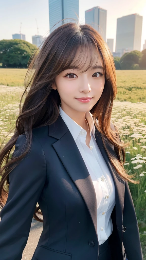 highest quality、genuine、Super detailed、finely、High resolution、8k wallpaper、one beautiful woman、、、light brown disheveled hair、wearing a business suit、sharp focus、perfect dynamic composition、beautiful and detailed eyes、thin hair、Detailed genuine skin texture、smile、model body shape、In Tokyo at morning、In a windswept meadow
