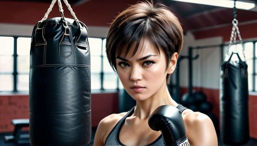 Create a beautiful woman with a bad face trains in the gym martial arts,punching punching bag,short hair,,8K, Ultra realistic photo, cinematographic 