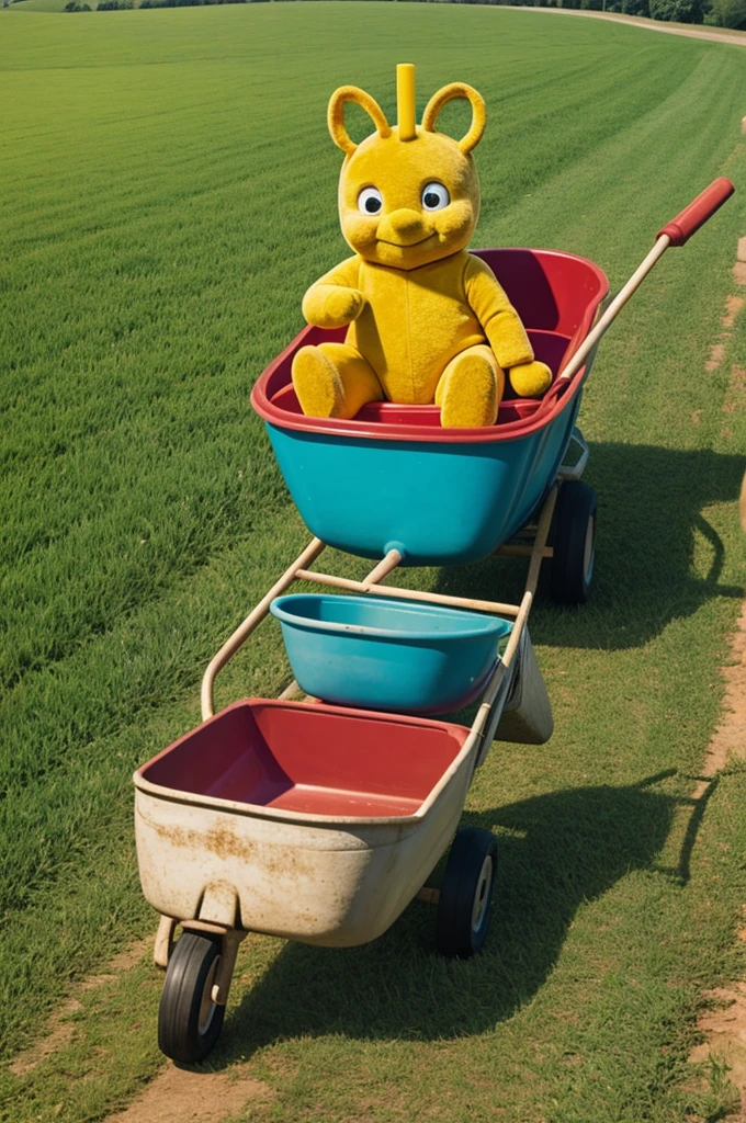 Po from the Teletubbies driving a wheelbarrow
