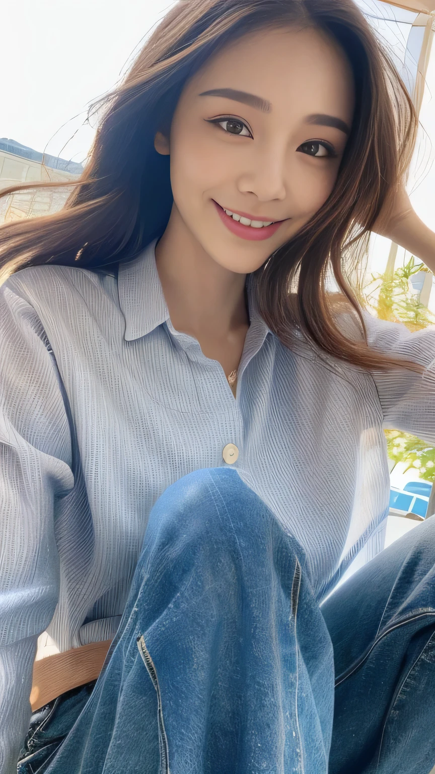 seed:2020674263.((Full body angle:1.1)).((Highest quality, 8K, masterpiece:1.3)), ((from below:1.1)).concentrated:1.2, Perfect body beauty:1.4, Hips:1.2, ((Delicate Hair)), (Colorful button-through crop shirt :1.1) , ((Highest quality、8k、masterpiece:1.3))、1 Girl、A sloppy smile、Esbian all over、Slim face、Big Boobs、Beautiful woman、(Dark Brown Hair)、Long Hair、1、Flickering Valley、Detailed eyes、double eyelid、Blurred Background、超Slim face、Smile、Looking down、stroll、