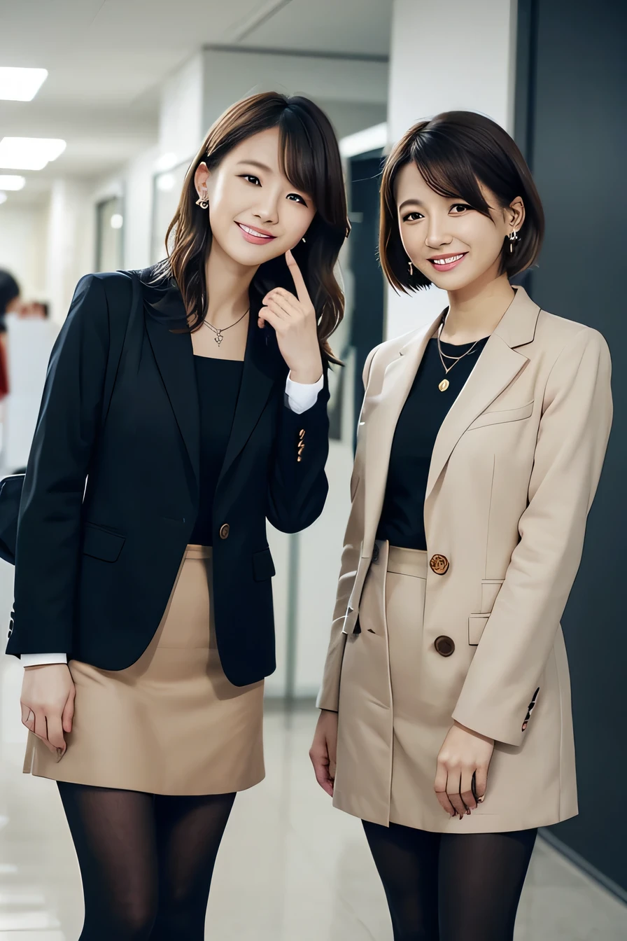 young woman、Two women standing side by side in an office、 Light brown hair、Necklace around the neck、Office Lady Suits、Jacket、Unbuttoned shirt、Knee-length skirt、tights、pumps、（Full body photo）、smile、short hair、Wavy Hair、Intricate details, Very detailed:1.2) 、 Looking into the camera,The background is the office、、Dark eyeliner、ear piercing

