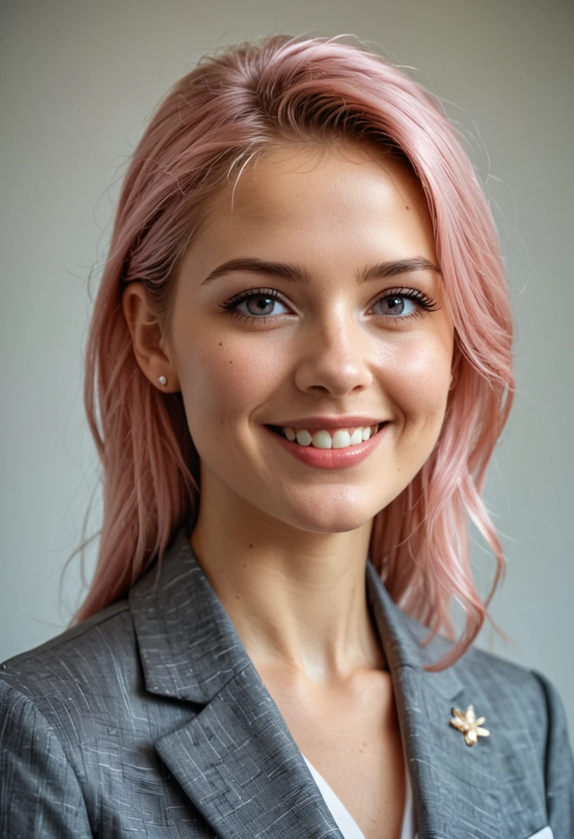 table top, highest quality, realistic, Super detailed, finely, High resolution, 8k wallpaper, 1 beautiful woman,, light pink straight hair, wearing a business suit, sharp focus, perfect dynamic composition, beautiful and detailed eyes, thin hair, Detailed realistic skin texture, smile, close-up portrait, model body shape