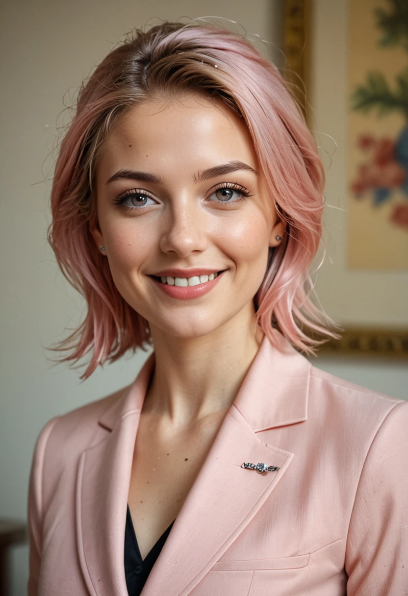 table top, highest quality, realistic, Super detailed, finely, High resolution, 8k wallpaper, 1 beautiful woman,, light pink straight hair, wearing a business suit, sharp focus, perfect dynamic composition, beautiful and detailed eyes, thin hair, Detailed realistic skin texture, smile, close-up portrait, model body shape