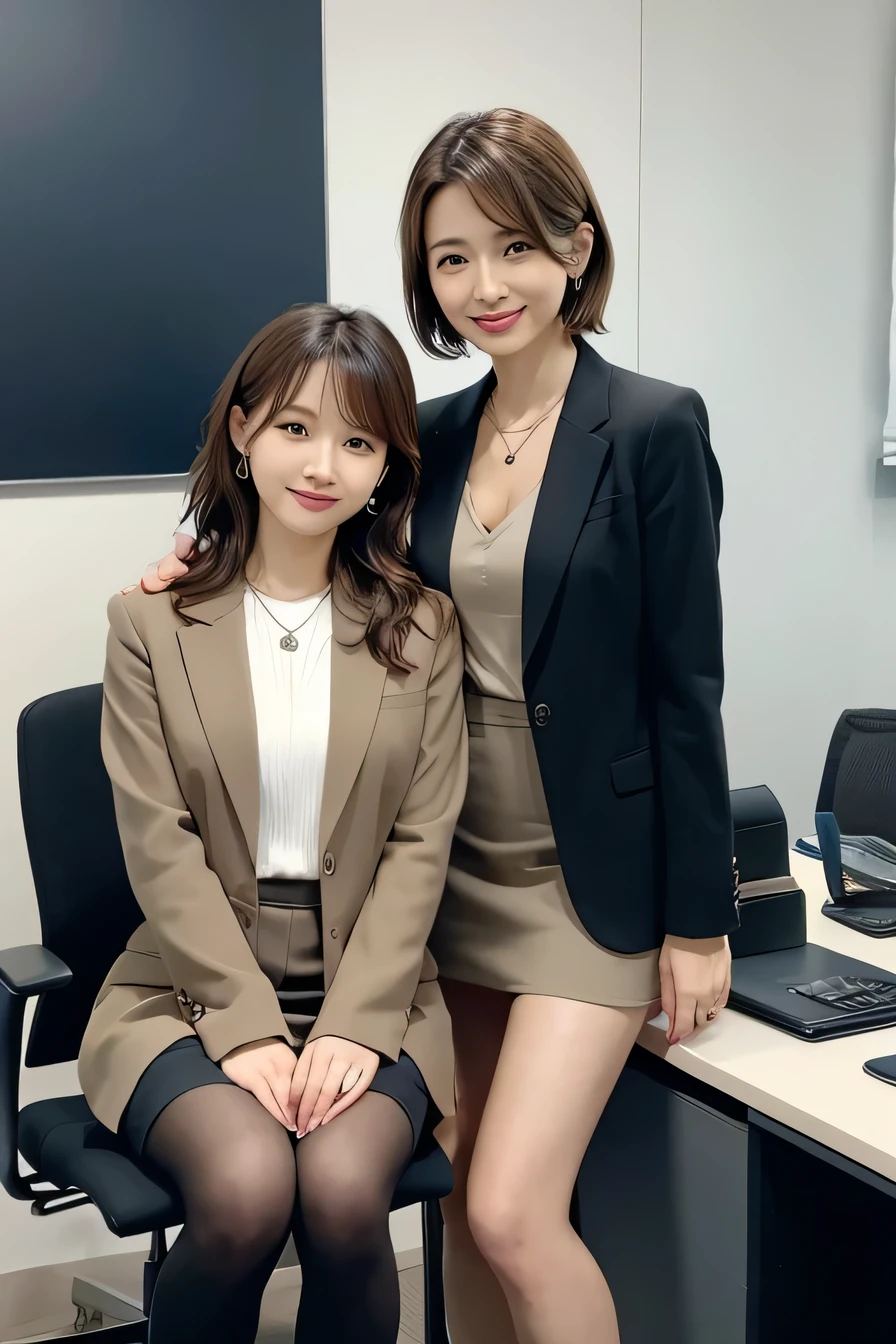 young woman、Two women standing side by side in an office、 Light brown hair、Necklace around the neck、Office Lady Suits、Jacket、Unbuttoned shirt、Knee-length skirt、tights、pumps、(Full body photo)、smile、short hair、Wavy Hair、Intricate details, Very detailed:1.2) 、 Looking into the camera,The background is the office、、Dark eyeliner、ear piercing