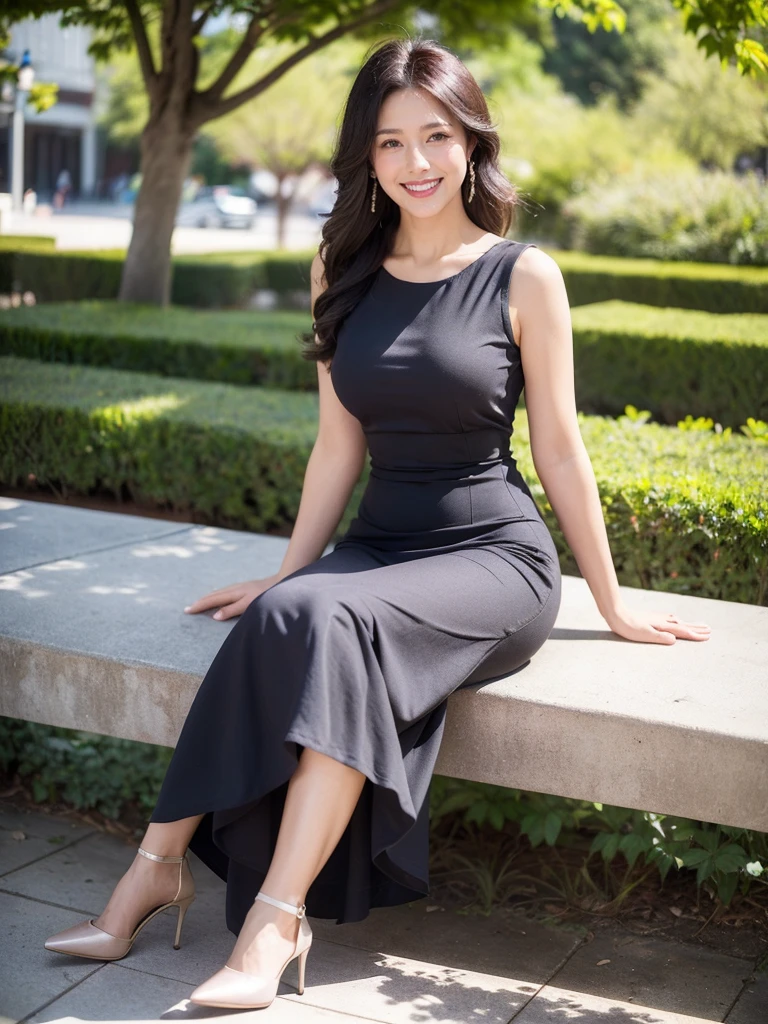 最high quality, 8K, Masseter area, Energetic, Clear focus, high quality, high resolution, Delicate face, Fine particles, thick lips, (Looking at the audience), Solitary, Beautiful woman, 38 years old, Plum, Black hair, (Light colored dress:1.5), afternoon、In front of the park garden,(Sitting on a bench:1.5)、((Smile:1.5))、((Wearing black high heels))