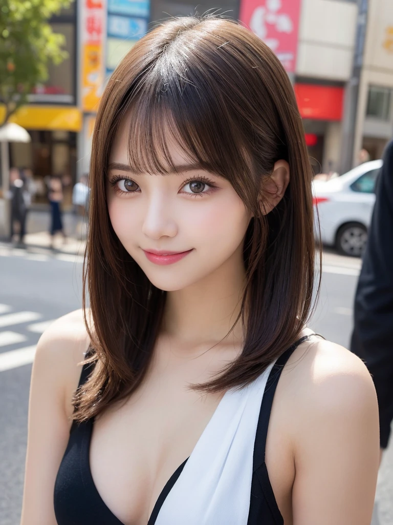masutepiece, Best Quality, Illustration, Ultra-detailed, finely detail, hight resolution, 8K Wallpaper, Perfect dynamic composition, Beautiful detailed eyes, Women's Fashion Summer,Medium Hair,Small breasts natural color lip, Bold sexy poses,Smile,Harajuku、20 years girl、Cute、Sexy shot looking at camera