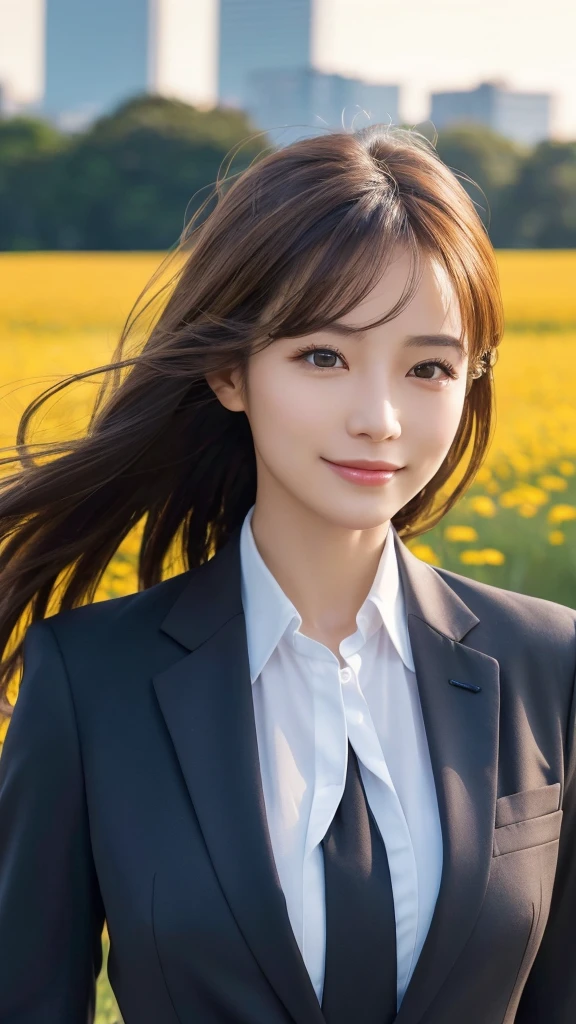 highest quality、genuine、Super detailed、finely、High resolution、8k wallpaper、one beautiful woman、、、light brown disheveled hair、wearing a business suit、sharp focus、perfect dynamic composition、beautiful and detailed eyes、thin hair、Detailed genuine skin texture、smile、model body shape、In Tokyo at morning、In a windswept meadow
