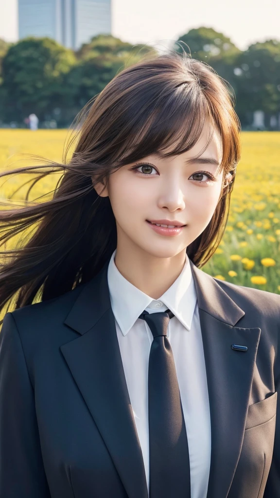 highest quality、genuine、Super detailed、finely、High resolution、8k wallpaper、one beautiful woman、、、light brown disheveled hair、wearing a business suit、sharp focus、perfect dynamic composition、beautiful and detailed eyes、thin hair、Detailed genuine skin texture、smile、model body shape、In Tokyo at morning、In a windswept meadow