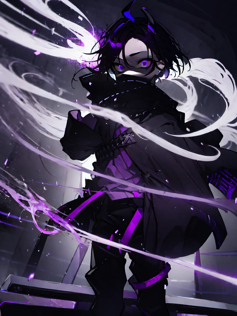 boy. thoughtful look. open forehead. black and purple hair tied in a bun on the left side to one side. sinuous black horns wrapped in dark purple ribbon. pale violet eyes. in short dark purple shorts. long white T-shirt. dark purple knee-high socks. dark_purple long coat with hood. древние dark_purple stone walls purple light from lamps on an old piano, blue lightning, a sword