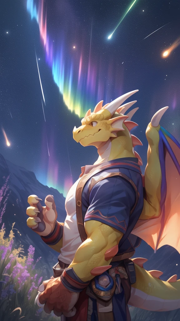 solo, male, mature male, (male anthro dragon:1.3), (yellow body:1.1), (standing:1.3), (kemono:1.2), (starry sky:1.23), t-shirt, (clothed), (looking up:1.4), (raised head), (side view), galaxy, aurora, (rainbow:1.3), detailed eyes, portrait, dragon tail, horn, (detailed eyes), (outside:1.35), grass, hill, shooting star, (dark:1.4), (particles ,firefly, blue glowing:1.3), detailed background, 8k hd, (dark shadows, wide dynamic range, hdr, low light:1.2), by Pino Daeni, barazoku, [by dagasi, by zixiong], cygames, by null-ghost