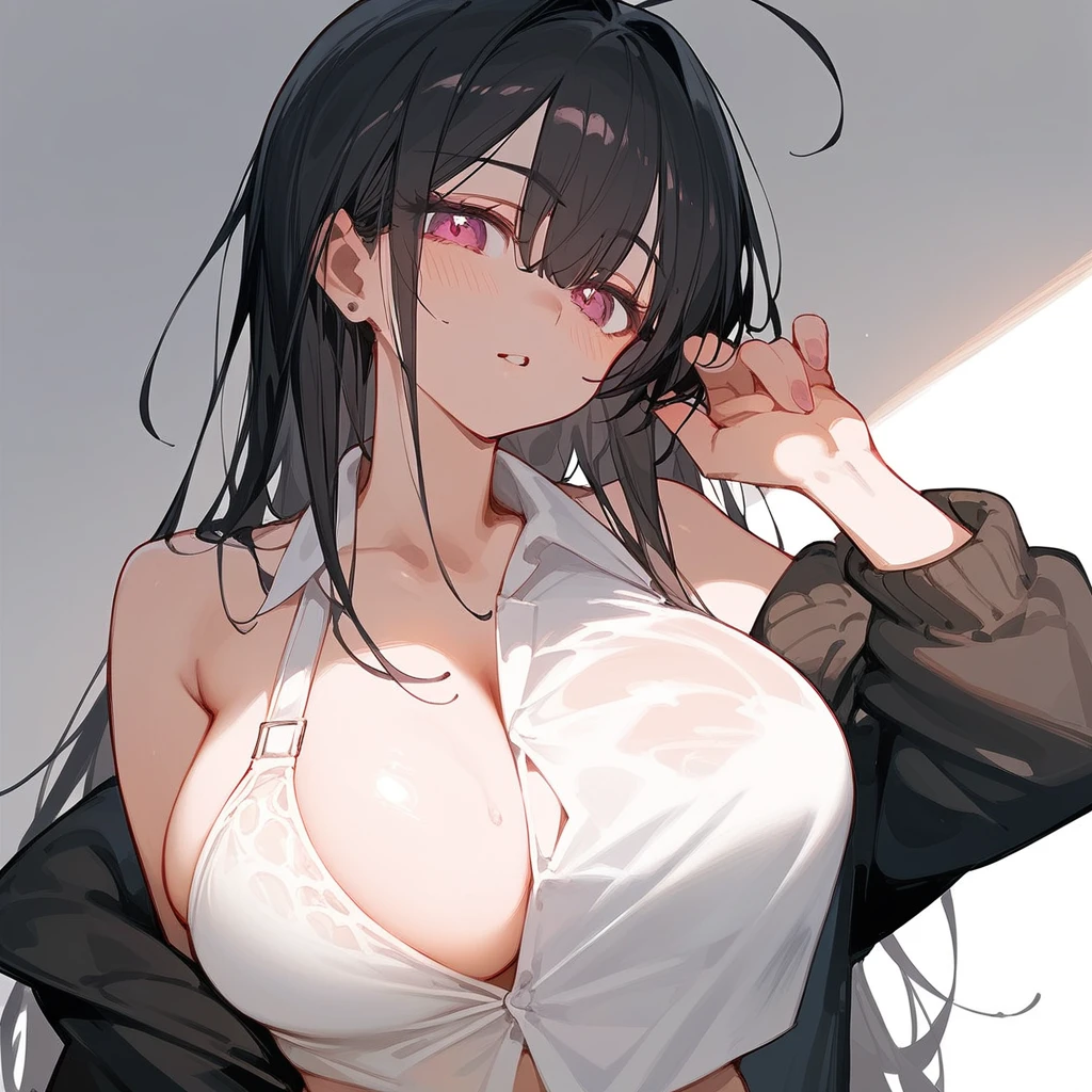 One Woman、Big Breasts、Black Hair、Long Hair、Straight Hair、Ahoge、high school student、Naughty、fine、Magenta Eyes、Yellow 