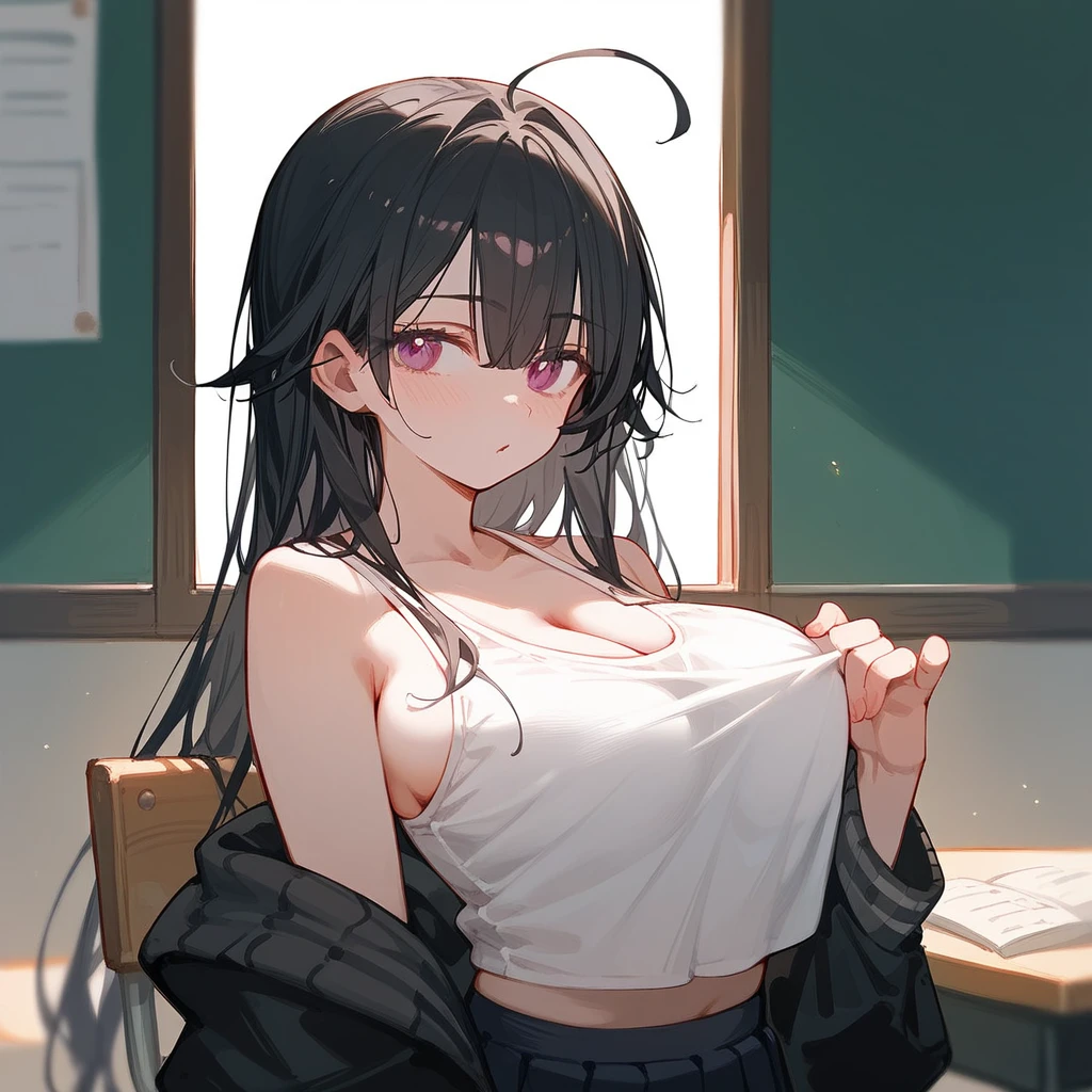 One Woman、Big Breasts、Black Hair、Long Hair、Straight Hair、Ahoge、high school student、Naughty、fine、Magenta Eyes、Yellow