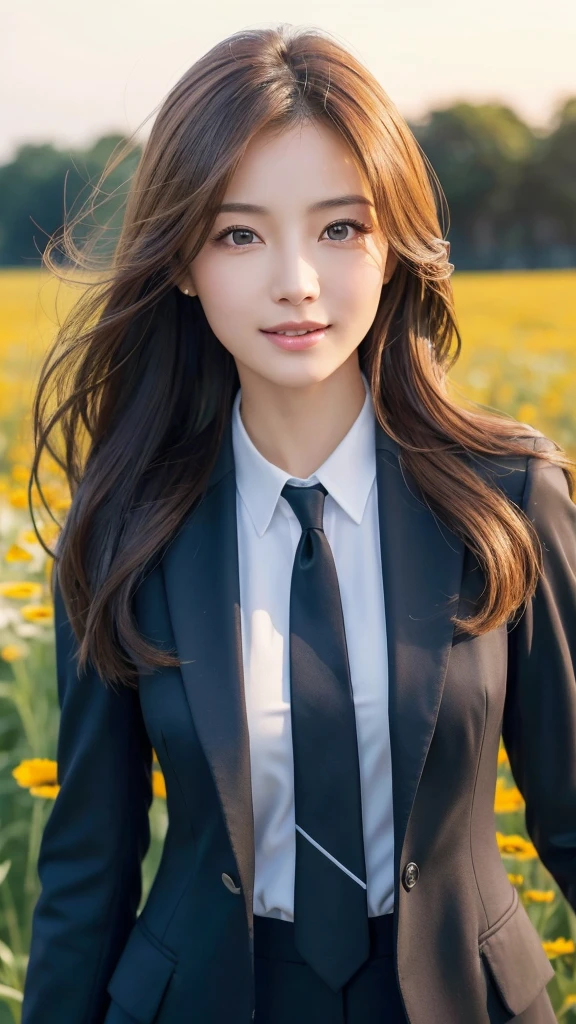 highest quality、genuine、Super detailed、finely、High resolution、8k wallpaper、one beautiful woman、、、light brown disheveled hair、wearing a business suit、sharp focus、perfect dynamic composition、beautiful and detailed eyes、thin hair、Detailed genuine skin texture、smile、model body shape、In Tokyo at morning、In a windswept meadow