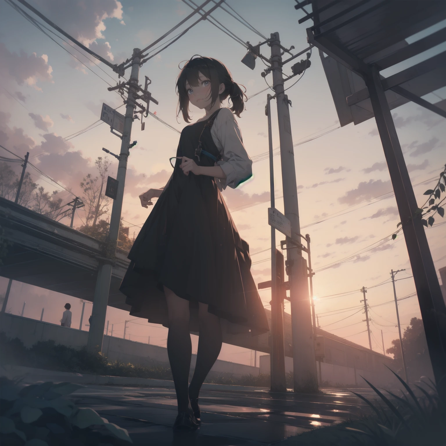 Vast landscape photography、(View from below、Shows the sky above and below)、High resolution、Highest quality、Very detailed、makoto shinkai、sunset、Girl in white dress looking sideways、College student with long brown hair、Electric pole、electric wire、Railroad crossing、Lens blur