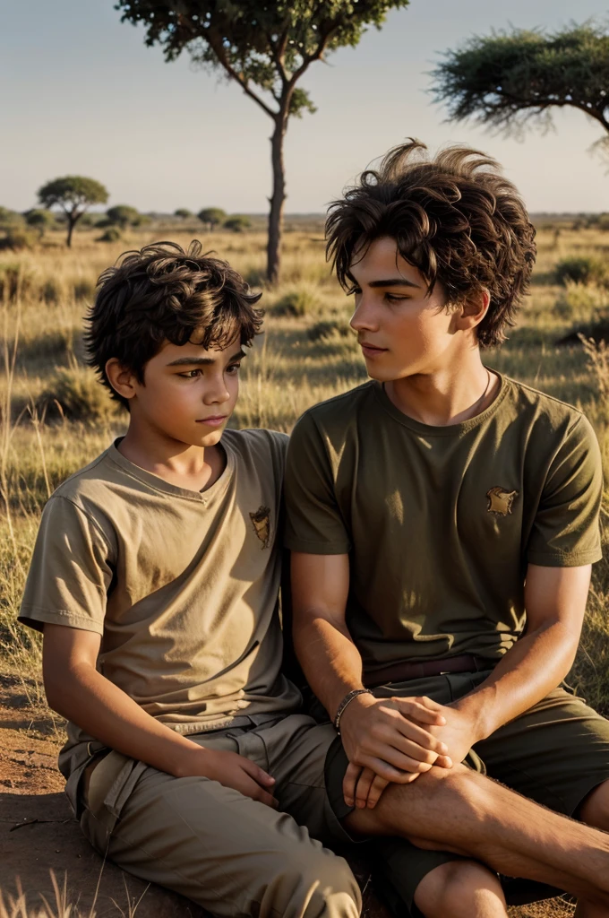 "The boy and the lion sitting together in the savanna, a sense of friendship and bonding between them."