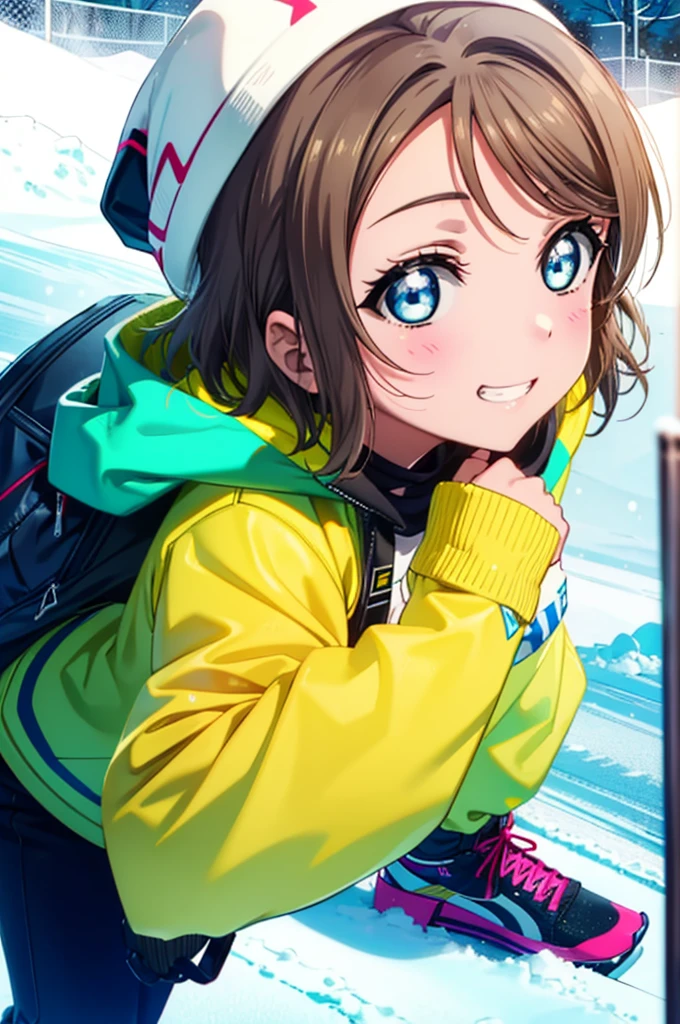 Yo Watanabe, Watanabe Yo, short hair, blue eyes, Brown Hair, smile, Grin,Yellow Wear、Outerwear is blue、Red trousers),sneakers,Snowboarding down a ski slope,whole bodyがイラストに入る,
break ourdoors, Snow Mountain,
break looking at viewer, whole body,(Cowboy Shot:1. 5)
break (masterpiece:1.2), Highest quality, High resolution, unity 8k wallpaper, (figure:0.8), (Beautiful attention to detail:1.6), Highly detailed face, Perfect lighting, Highly detailed CG, (Perfect hands, Perfect Anatomy),