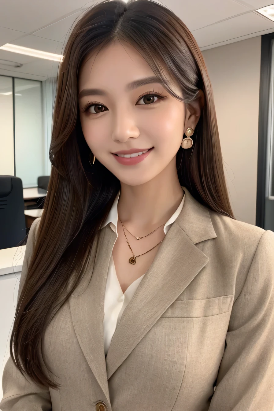 Intricate details, 、ear piercing、Looking into the camera、、smile、Beautiful teeth alignment、Hairstyle: Brown medium long hair、 Clear beauty, (High quality fabric, Office Lady Suits) 、Jacket、Unbuttoned shirt、Necklace around the neck、Dark eyeliner、 The background is the office