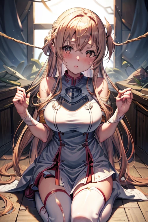 A captivating wallpaper of As Yuuki, Sword Art Online Heroine, Carefully crafted. (Highest quality, High resolution: 3000x3000 pixels)
As Yuuki, Virtual Reality Suit, Long straight blonde hair with bangs, Anguished Blue Eyes, Her plump lips are writhing in agony, Moderate: Digital Art, Vibrant colors, High resolution, Cinema Lighting, Ultra-fine detail, Physically Based Rendering, Very detailed explanation.
((Both hands tied with rope)), (The suit is cut up)、Bleeding from a wound、On one knee、Life-threatening injury、There are many scratches、The enemy is using tentacles to steal your life force,Both hands are tied with rope,A desperate situation。