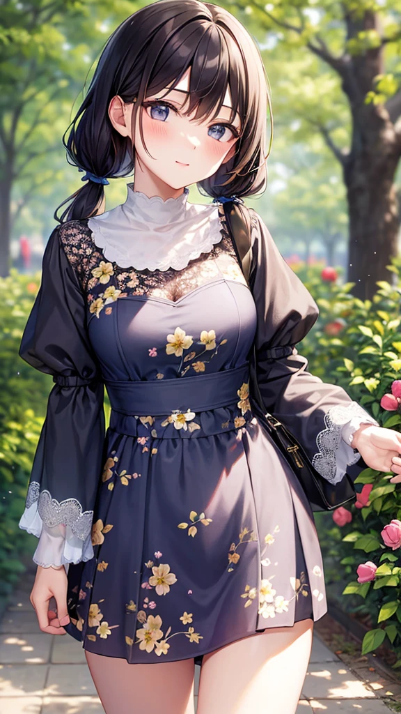 (masterpiece, best quality, ultra-high res, 1 girl, light blue twintails, silky smooth hair, ultra-clear skin with a soft glow, casual outfit with intricate fabric patterns, standing gracefully on a well-maintained park path, surrounded by vibrant flowers like roses and tulips, tall oak trees casting dappled light, lush green grass, sunlight filtering through leaves creating soft, dynamic shadows, highly detailed face with sparkling eyes, soft smile, relaxed pose with one hand gently touching a flower, f/1.8, 35mm lens, beautiful bokeh, soft breeze gently moving hair, natural lighting, vibrant colors, serene and peaceful expression)