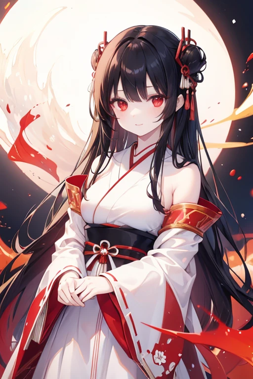 young girl, reddish black hair, bright red eyes, long hair, white and red Japanese dress , beautiful and detailed eyes, flames all around, smiled horribly