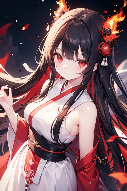 young girl, reddish black hair, bright red eyes, long hair, white and red Japanese dress , beautiful and detailed eyes, flames all around, smiled horribly  