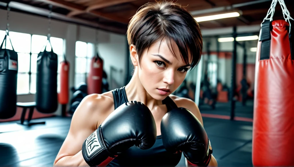 Create a beautiful woman with a bad face trains in the gym martial arts, kicking punching bag,short hair,,8K, Ultra realistic photo, cinematographic 