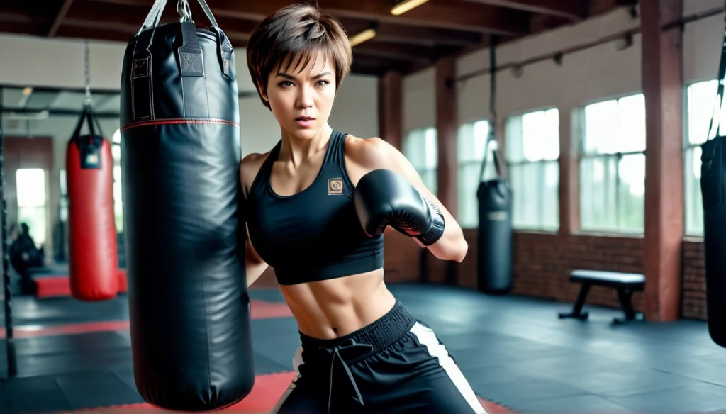 Create a beautiful woman with a bad face trains in the gym martial arts, kicking punching bag,short hair,,8K, Ultra realistic photo, cinematographic 