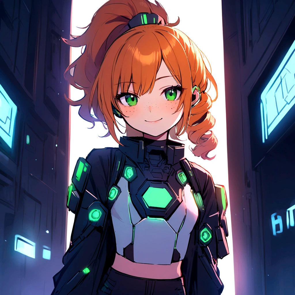 make me a female, 16 years old, long curly orange hair, ponytail, freckles, green eyes, cyber outfit, white top and black shorts, ear accessory, smiling