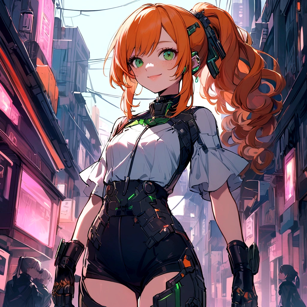 make me a female, 16 years old, long curly orange hair, ponytail, freckles, green eyes, cyber outfit, white top and black shorts, ear accessory, smiling