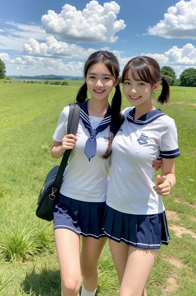 2 girls walking in rural field,cumulonimbus cloud in summer blue sky,white sailor shirt,navy blue pleated micro mini skirt,student bag,18-year-old,bangs,a little smile,thighs,knees,wet short hair with low pigtails bunches,from beside,front light