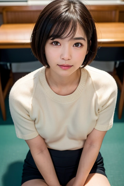 Highest quality, Face Focus, Soft Light, Ultra-high resolution, (Realistic:1.4), RAW Photos, 1 Japanese female college student, alone, cute, (A shy smile:0.5), (Black eyes, Light in your eyes), Beautiful fair face in every detail, (Small box),(High resolution detail of human skin texture), (Short Bob Hair), break, In the classroom,Exposed gym clothes, Slightly larger