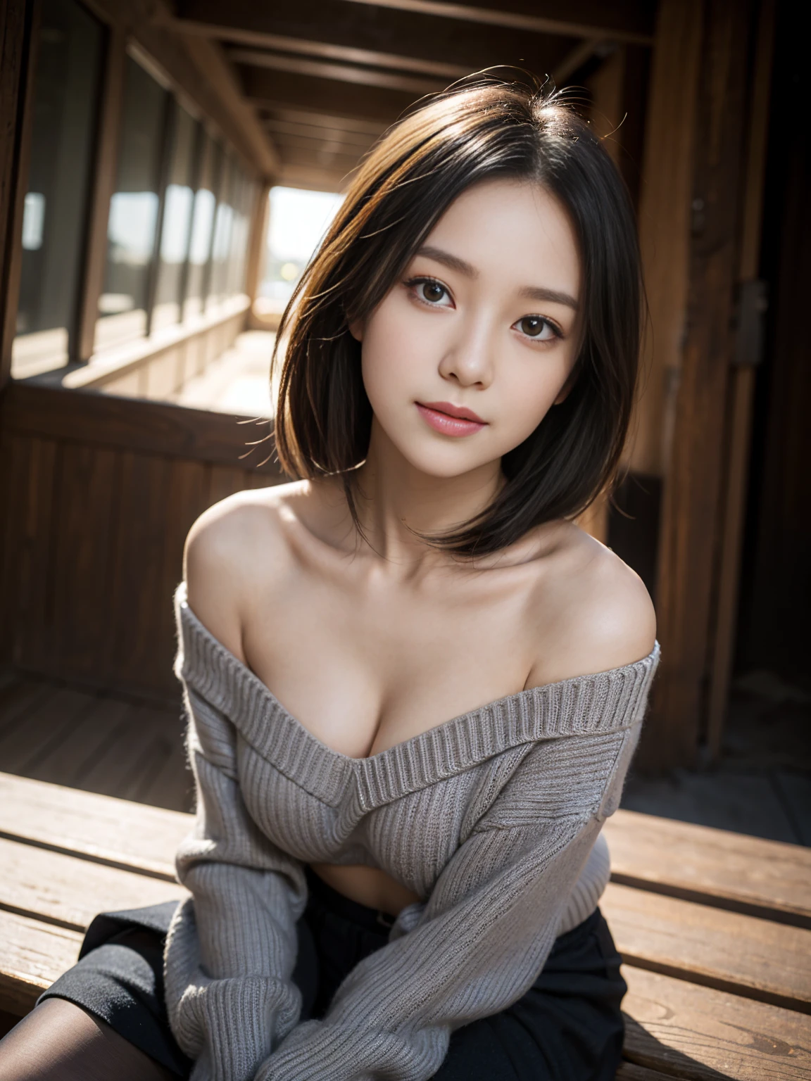 Full body portrait、8K, masterpiece, Raw photo, Highest quality, photoGenuineistic, 高解像度 CG Unity 8K 壁紙, Depth of written boundary, Cinematic Light, Lens flare, Ray Tracing, (Very beautiful face, Beautiful Lips), Beautiful Eyes ), Faces with intricate details, ((Ultra-dense skin)) 1 girl, Angle from the side, smile, Black Back, Black Shadow, Wearing an off-the-shoulder knit sweater (Saggy breasts), Middle-aged chest, (D Cup), Micro Mini Skirt,Thick black pantyhose (Genuine), Brown Hair, (Black Eye 1.1), Genuineistic face, Sit on a bench, Unprotected lower body, Dramatic lighting, design: The cutest idol in Japan! ! !The whole body is visible