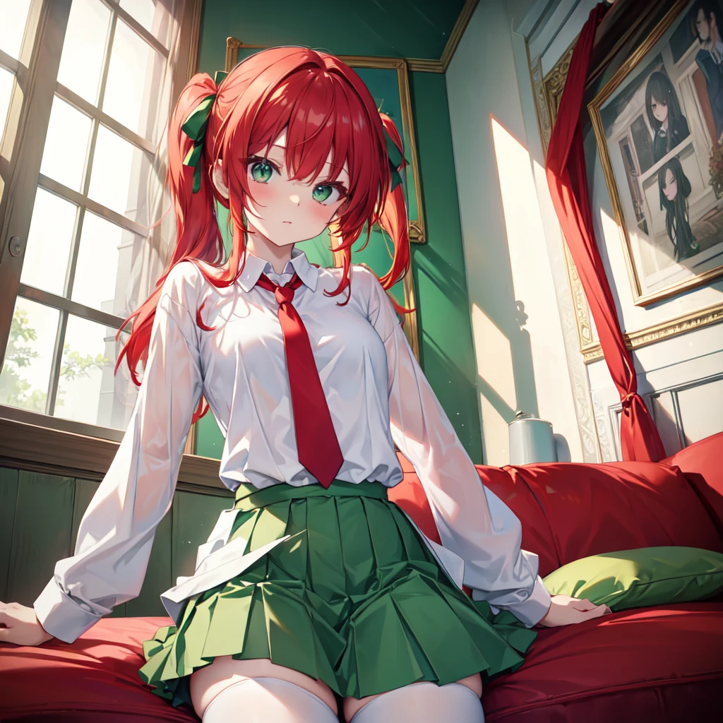 masterpiece, White shirt, Green Skirt ,Red tie, Red hair ribbon, White Stockings, 8K, Rin, Green Hair