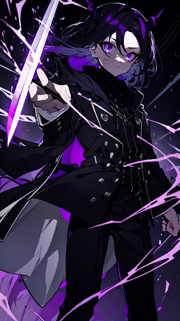 boy. thoughtful look. open forehead. black and purple hair tied in a bun on the left side to one side. sinuous black horns wrapped in dark purple ribbon. pale violet eyes. in short dark purple shorts. long white T-shirt. dark purple knee-high socks. dark_purple long coat with hood. древние dark_purple stone walls purple light from lamps on an old piano, blue lightning, a sword