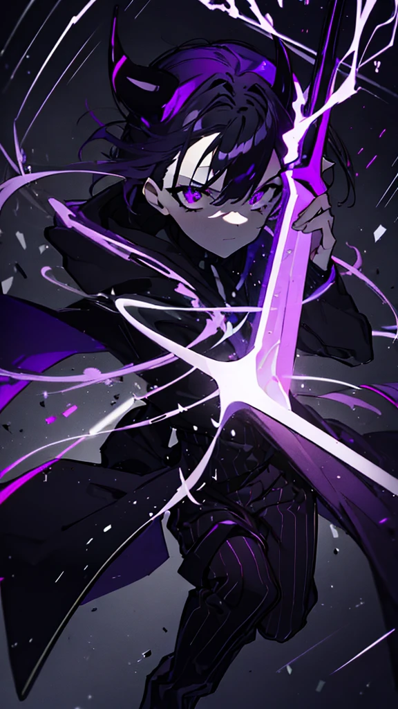 boy. thoughtful look. open forehead. black and purple hair tied in a bun on the left side to one side. sinuous black horns wrapped in dark purple ribbon. pale violet eyes. in short dark purple shorts. long white T-shirt. dark purple knee-high socks. dark_purple long coat with hood. древние dark_purple stone walls purple light from lamps on an old piano, blue lightning, a sword