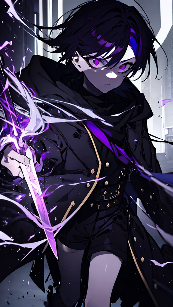 boy. thoughtful look. open forehead. black and purple hair tied in a bun on the left side to one side. sinuous black horns wrapped in dark purple ribbon. pale violet eyes. in short dark purple shorts. long white T-shirt. dark purple knee-high socks. dark_purple long coat with hood. древние dark_purple stone walls purple light from lamps on an old piano, blue lightning, a sword