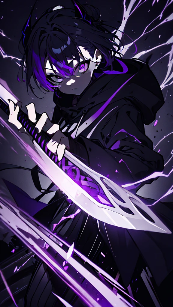 boy. thoughtful look. open forehead. black and purple hair tied in a bun on the left side to one side. sinuous black horns wrapped in dark purple ribbon. pale violet eyes. in short dark purple shorts. long white T-shirt. dark purple knee-high socks. dark_purple long coat with hood. древние dark_purple stone walls purple light from lamps on an old piano, blue lightning, a sword