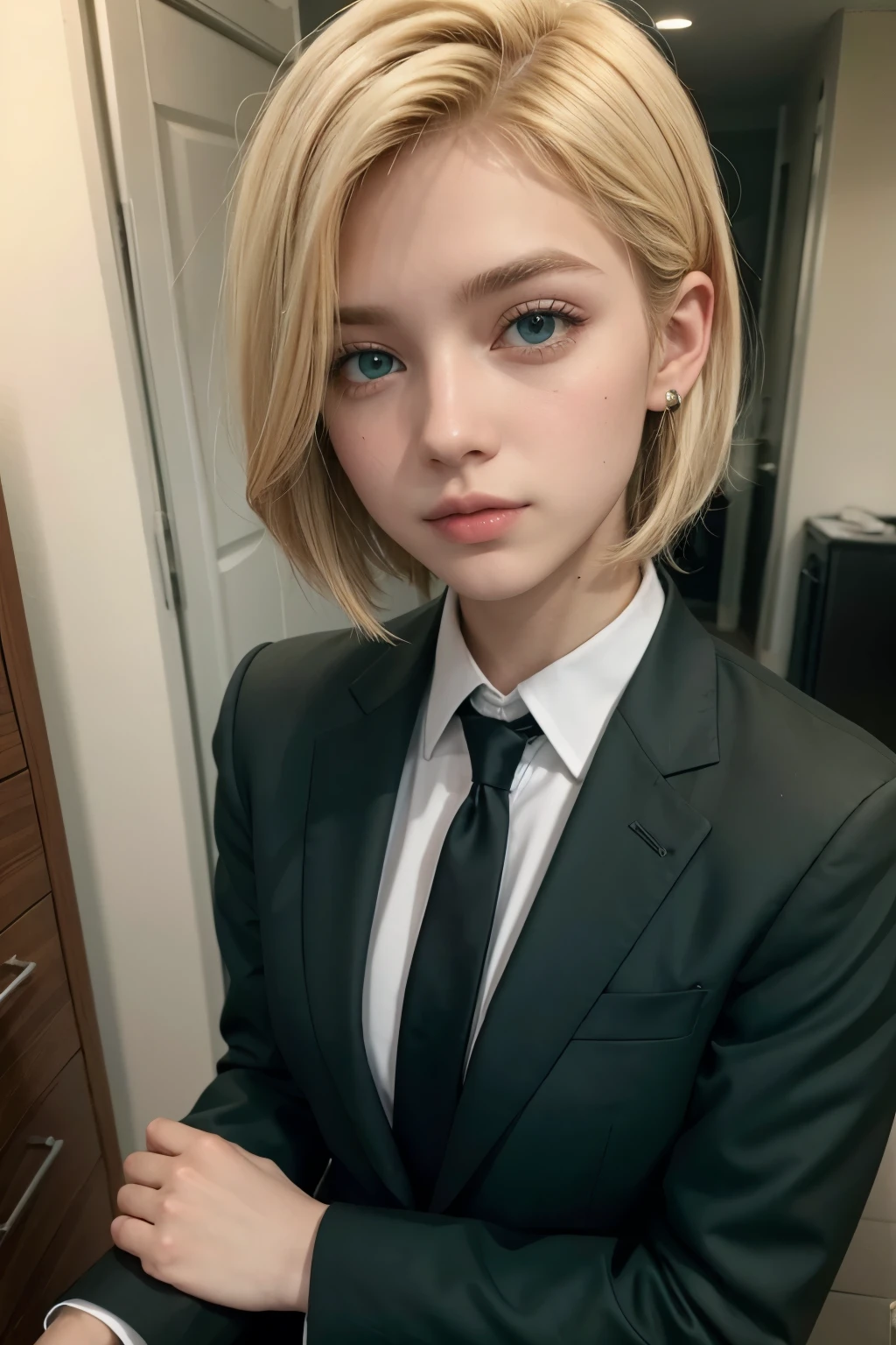 rapaz brasileiro, blond ,shorth hair, in a suit, 20 year, Green Eye