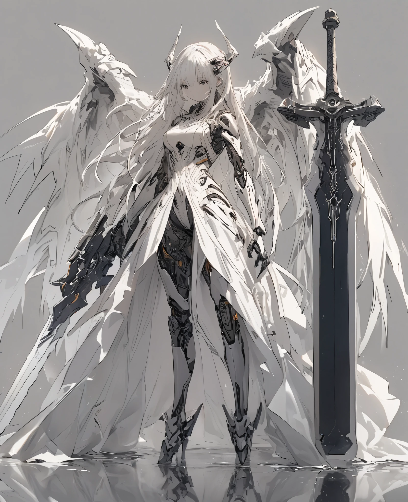 Engineering Drawings, Thin line pen drawing, dark, Futuristic silhouette of a white dragon cyborg girl, whole body, Long flowing coat, Wields a giant greatsword with a mechanical blade, Standing on a reflective surface against a minimalist light grey background
