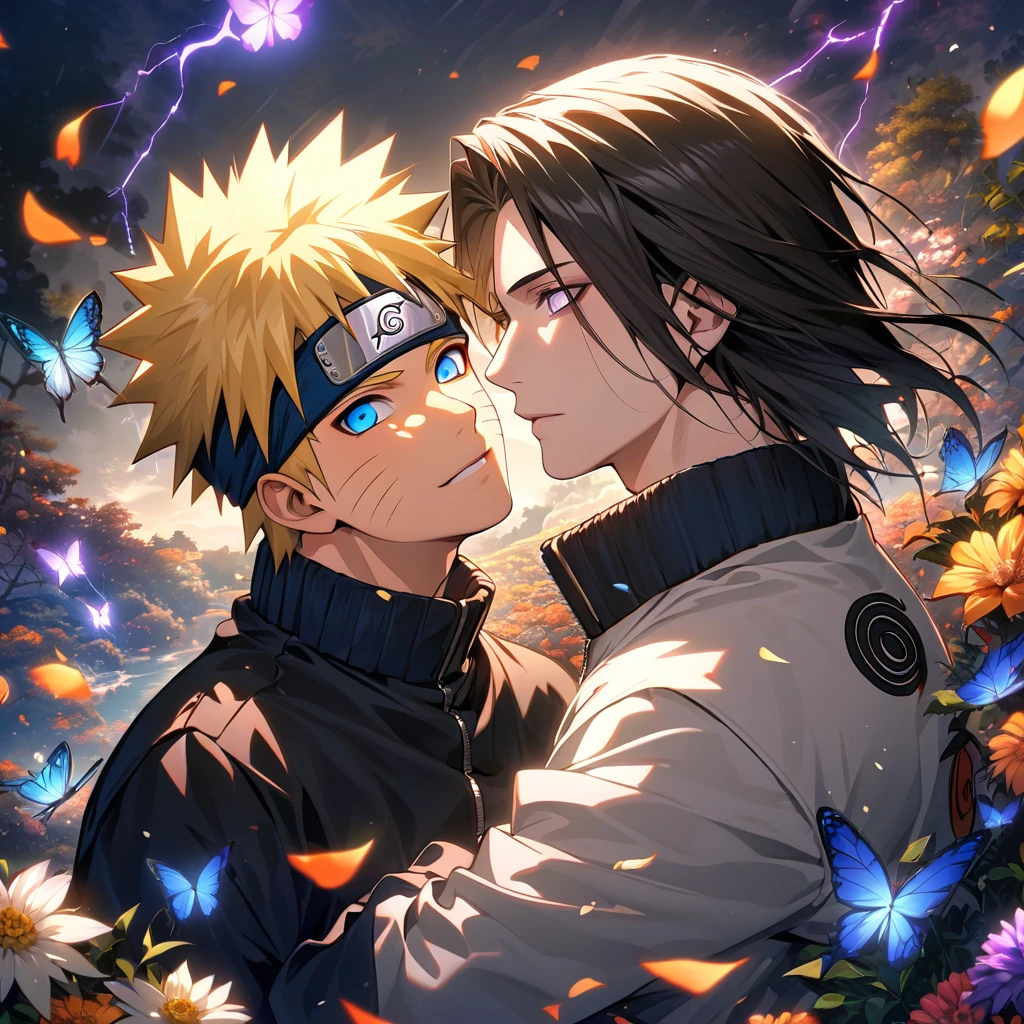 Ultra detailed, Highres, absurdres, HDR, hinata hyuga, complete white eyes, dark indgo hair, Uzumaki Naruto, blond hair, blue eyes, Naruto Shippuden, purple lightning, butterflies, handsome, 2 men together, gay couple, very detailed face and eyes, flowers and petals
